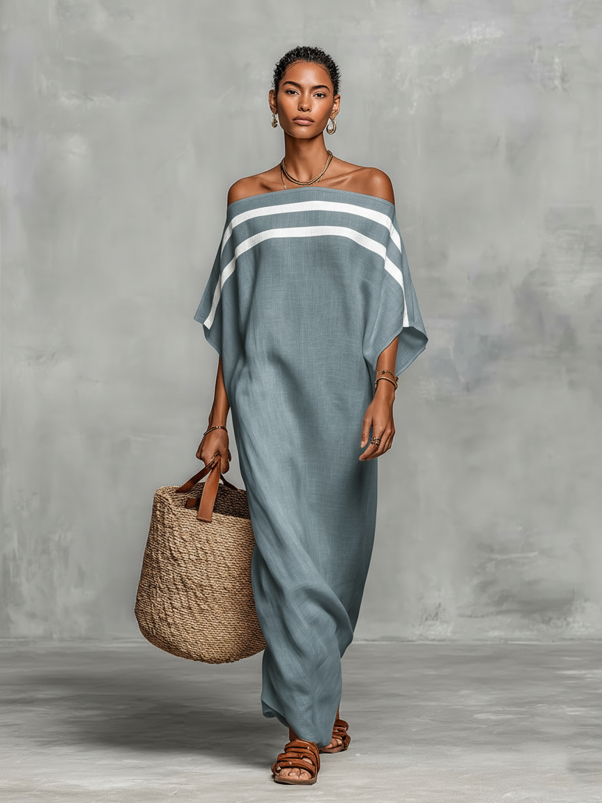 Minimalist Linen Maxi Dress for Women with Off-Shoulder and Batwing Sleeves