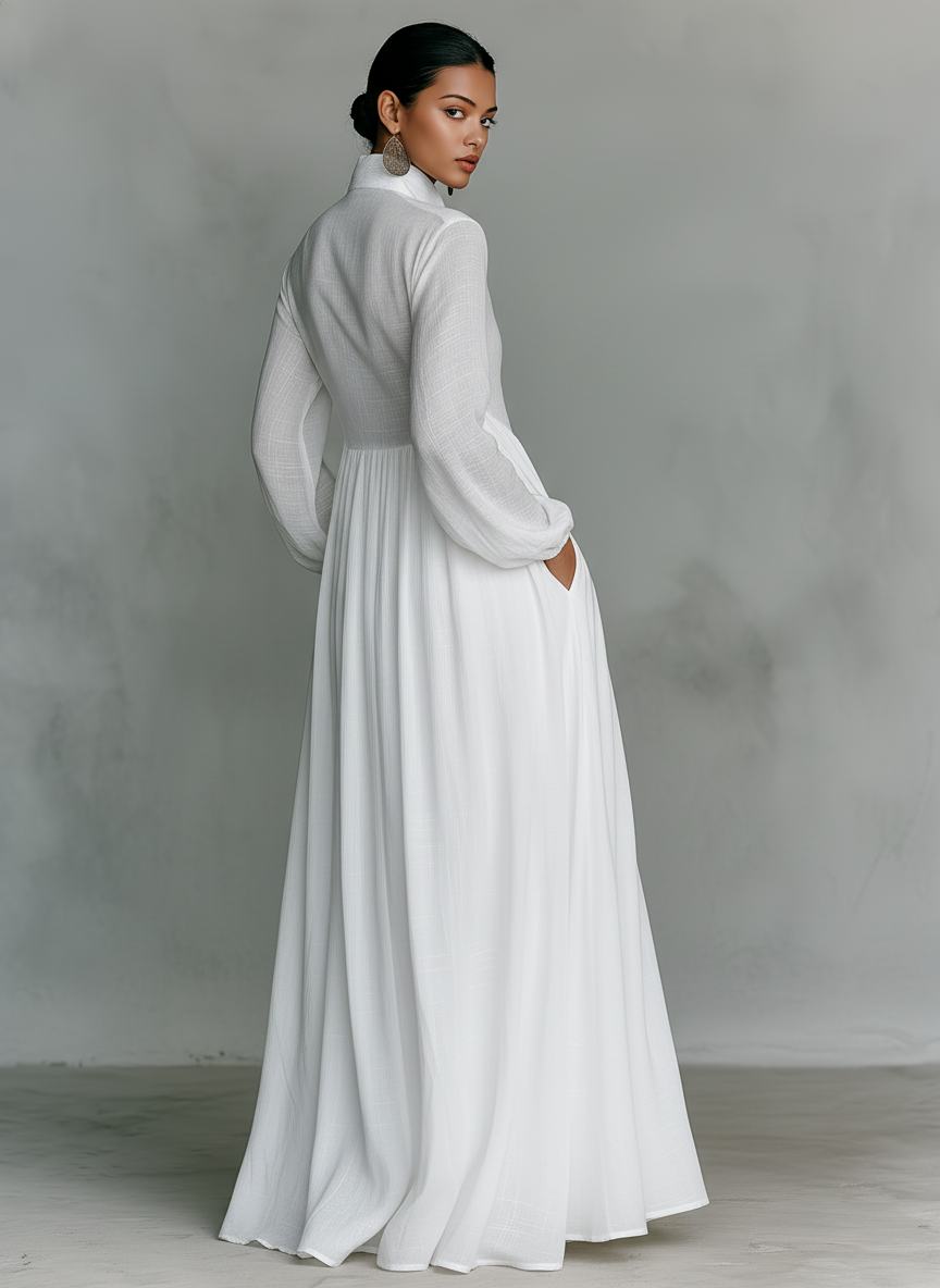 Minimalist Cotton-Linen Maxi Dress with Patchwork Pattern, Stand Collar, and Long Sleeves