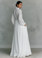 Minimalist Cotton-Linen Maxi Dress with Patchwork Pattern, Stand Collar, and Long Sleeves