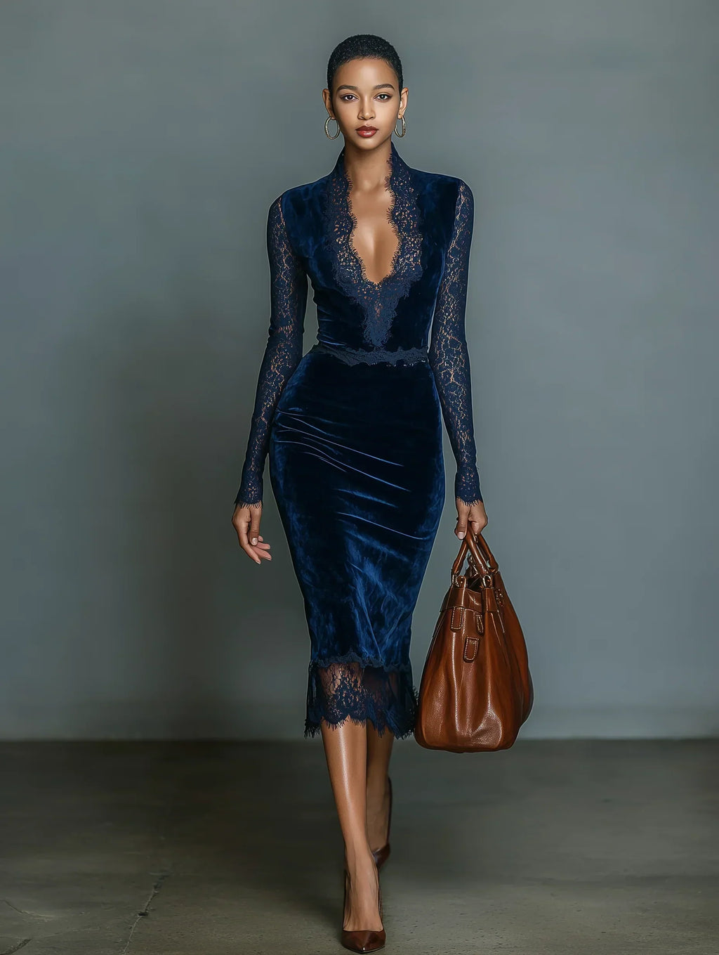 Elegant and Fashionable Dark Blue Velvet Midi Dress with V-Neck, Slim Fit, and Lace Neckline and Sleeves