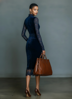 Elegant and Fashionable Dark Blue Velvet Midi Dress with V-Neck, Slim Fit, and Lace Neckline and Sleeves