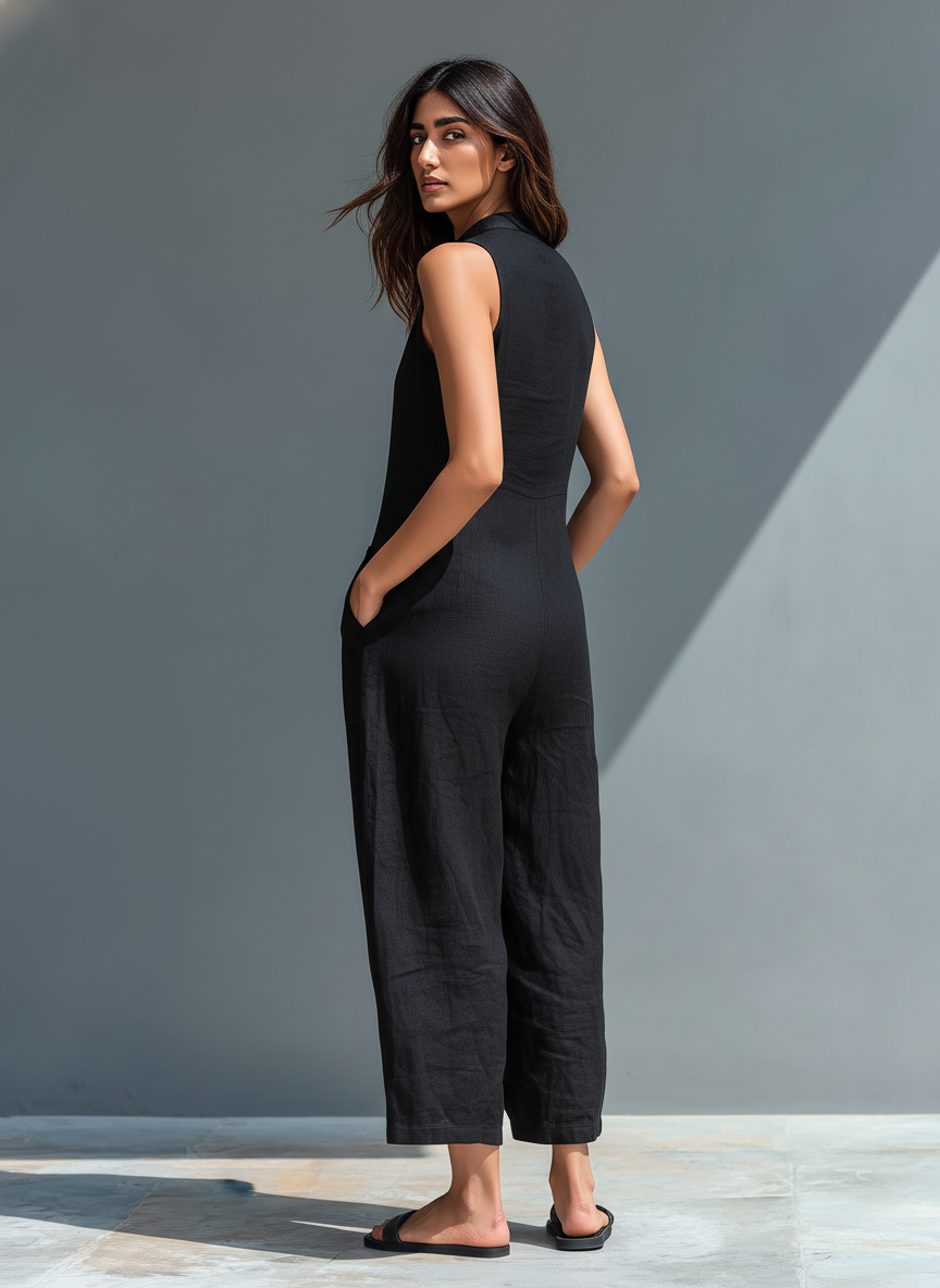 Minimalist Sleeveless Linen-Blend Jumpsuit for Women with Stand Collar and Buttons