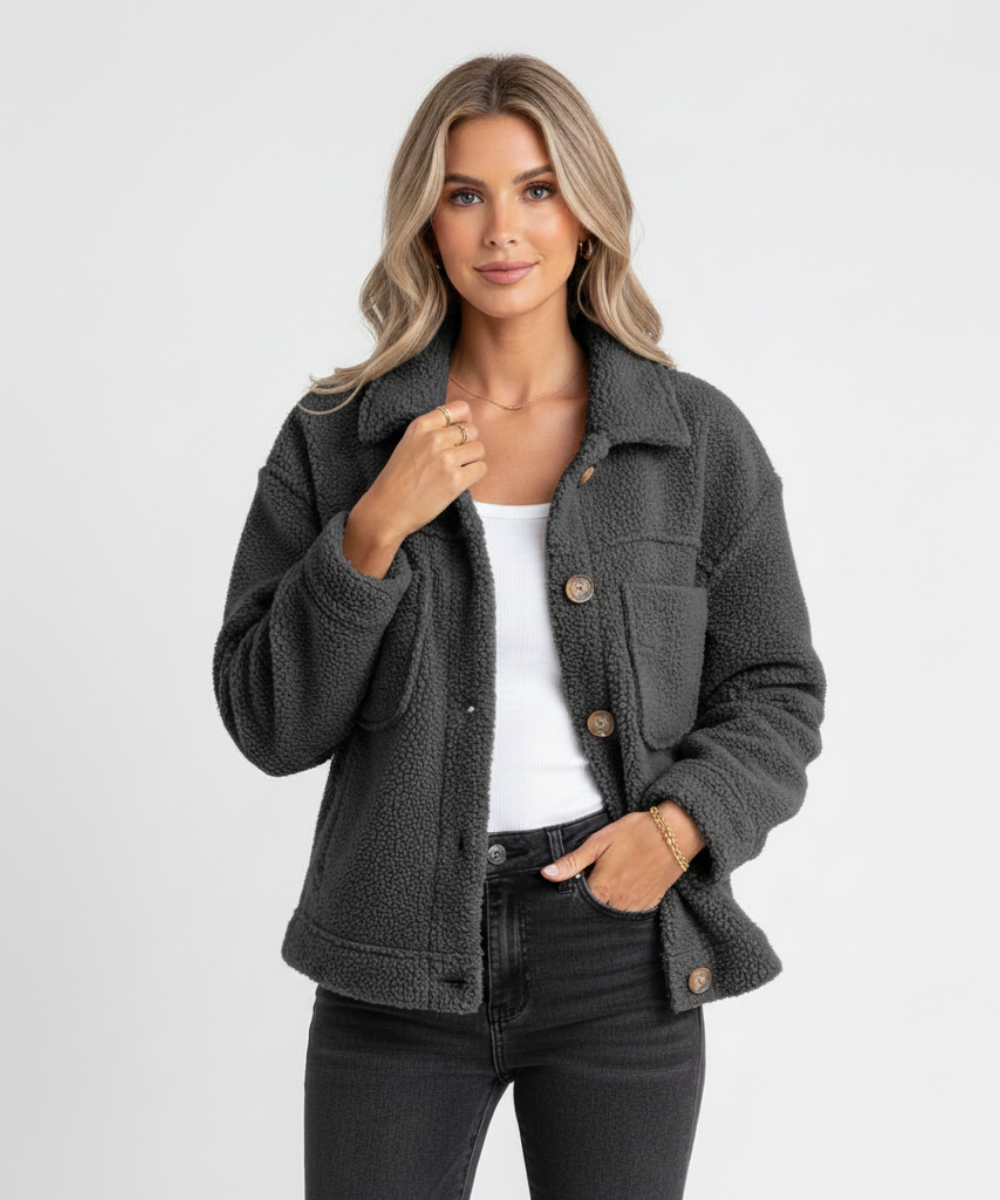 Soft Fleece Button Jacket - Black