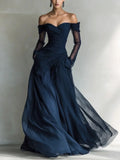 Eleonora • Long Off-Shoulder Dress with Mesh Inserts