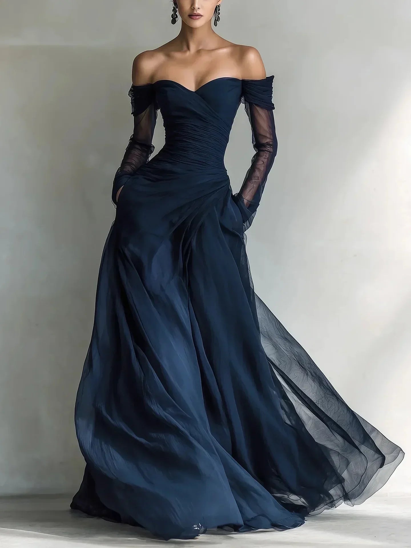 Eleonora • Long Off-Shoulder Dress with Mesh Inserts