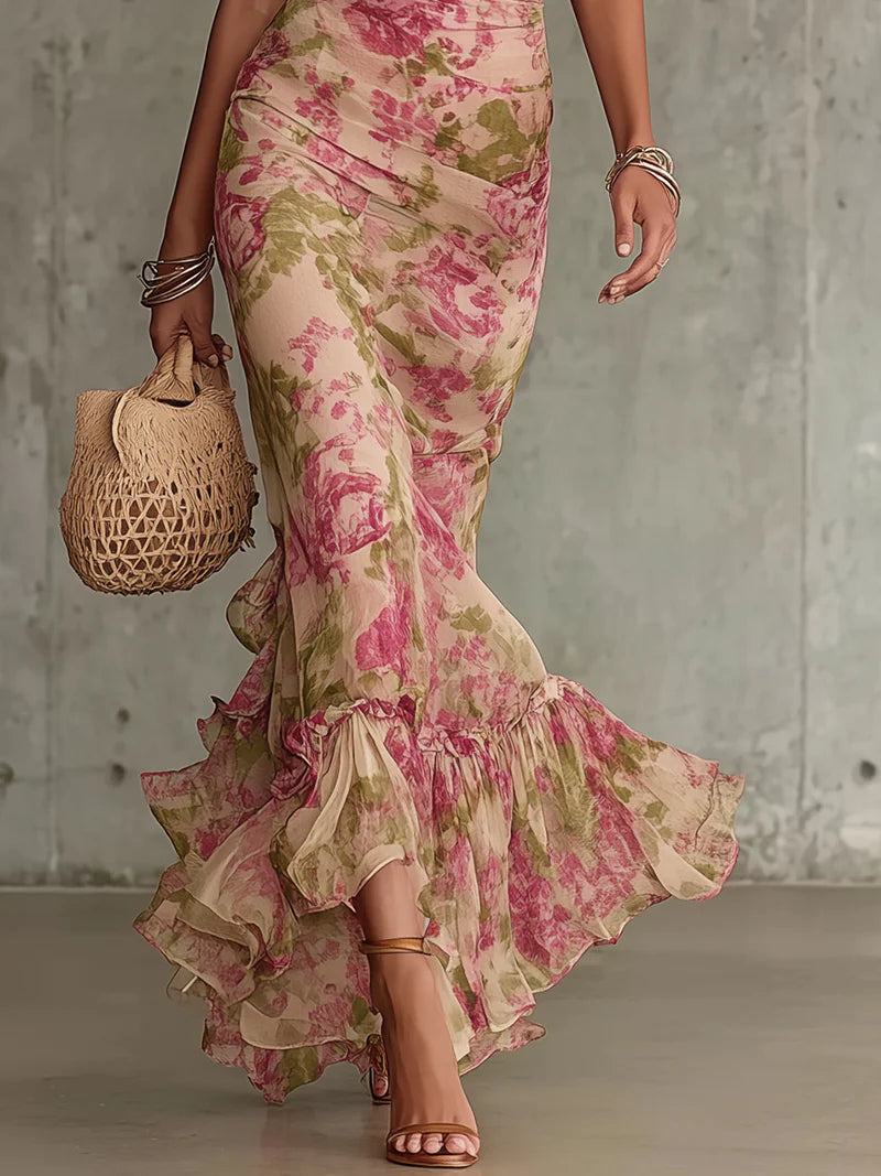 Fiora ∙ Long Dress with Vintage Rose Print and Puff Sleeves