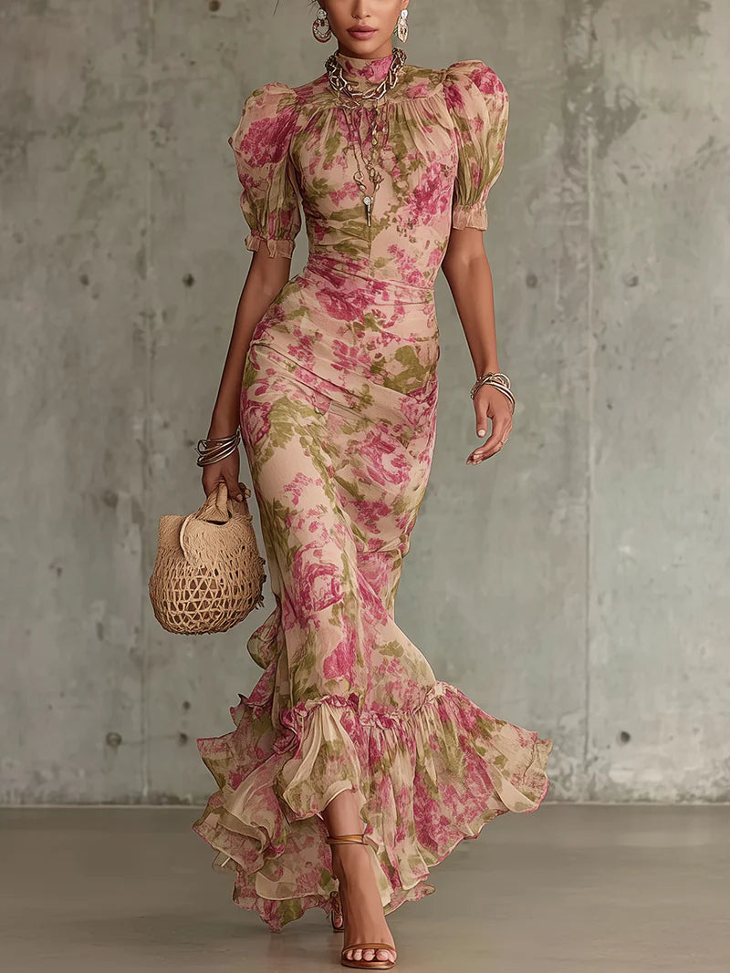 Fiora ∙ Long Dress with Vintage Rose Print and Puff Sleeves
