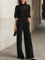 Valentina • Black Three-Piece Set with Sheer Camisole Top and Wide-Leg Trousers