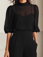 Valentina • Black Three-Piece Set with Sheer Camisole Top and Wide-Leg Trousers
