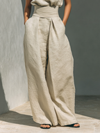 Aurora • Set with Beige Sleeveless Cotton-Linen Top and Wide-Leg Trousers