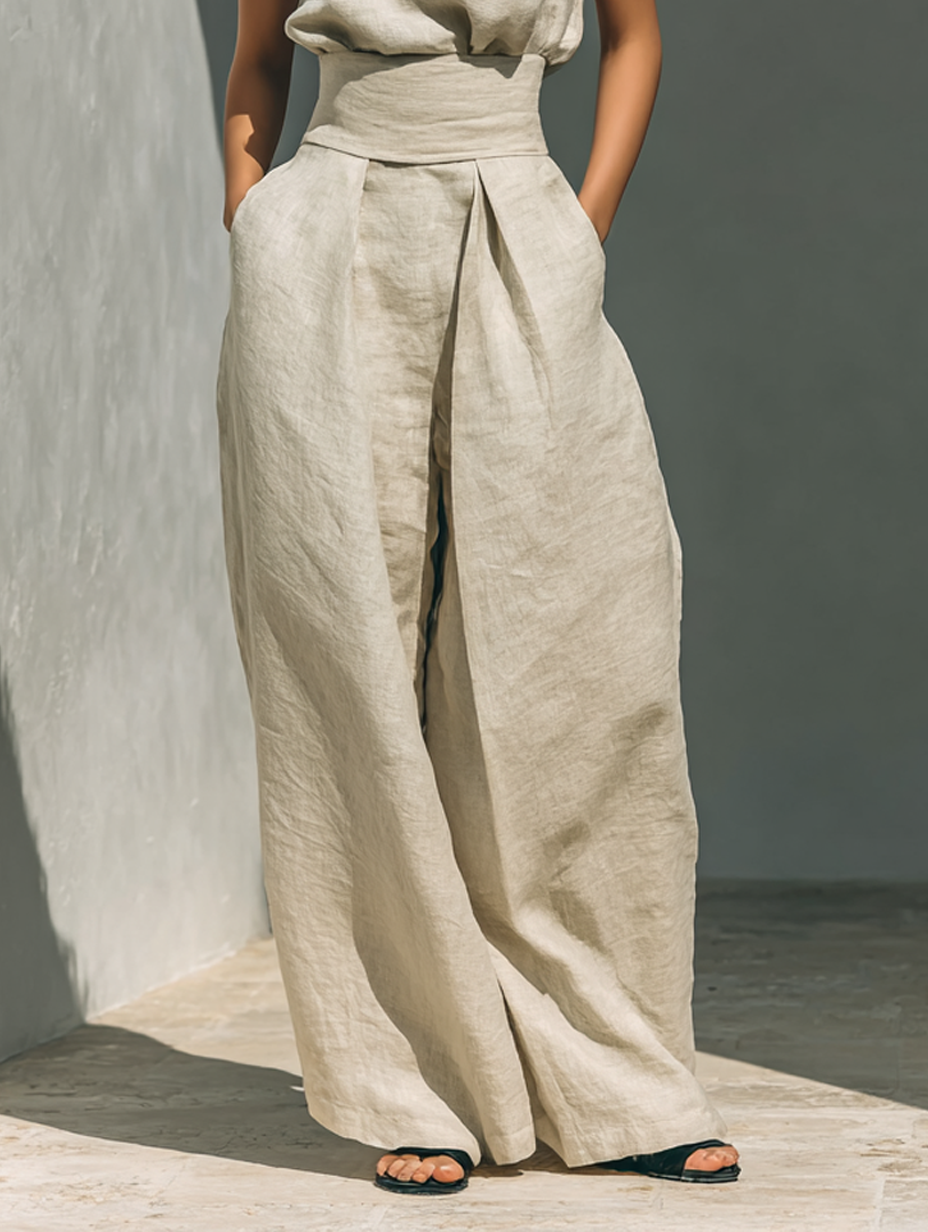 Aurora • Set with Beige Sleeveless Cotton-Linen Top and Wide-Leg Trousers