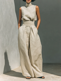Aurora • Set with Beige Sleeveless Cotton-Linen Top and Wide-Leg Trousers