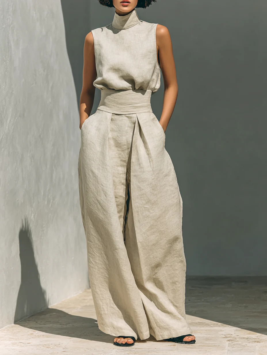 Aurora • Set with Beige Sleeveless Cotton-Linen Top and Wide-Leg Trousers