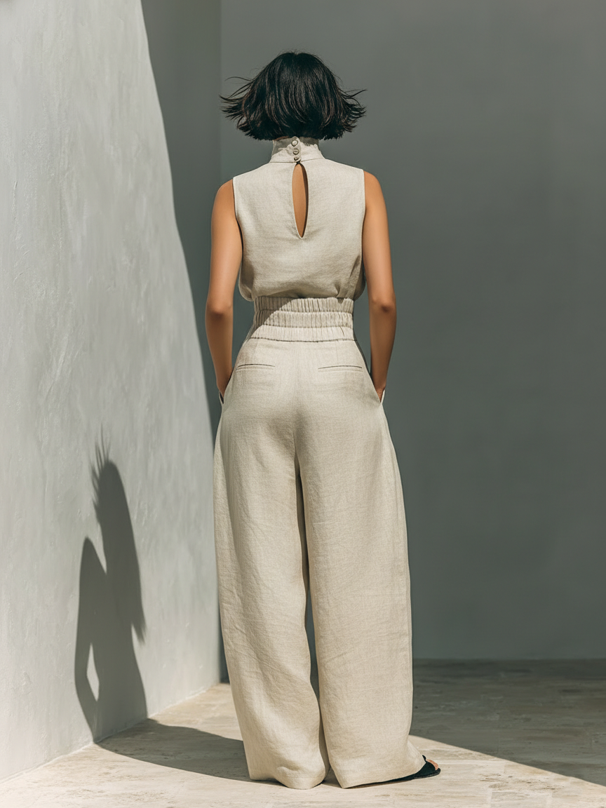 Aurora • Set with Beige Sleeveless Cotton-Linen Top and Wide-Leg Trousers