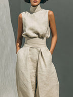 Aurora • Set with Beige Sleeveless Cotton-Linen Top and Wide-Leg Trousers