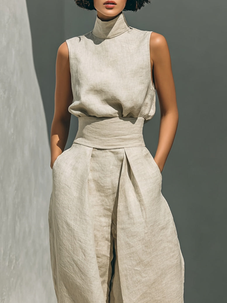 Aurora • Set with Beige Sleeveless Cotton-Linen Top and Wide-Leg Trousers