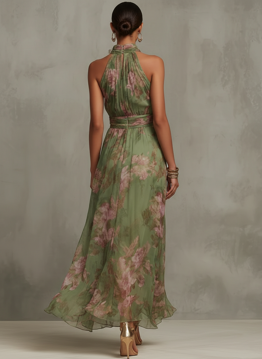 Serena ∙ Long Green Floral Chiffon Dress
