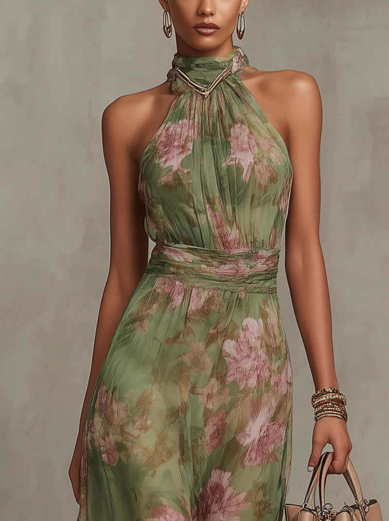 Serena ∙ Long Green Floral Chiffon Dress