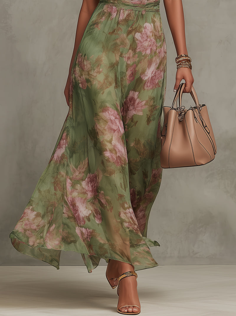 Serena ∙ Long Green Floral Chiffon Dress