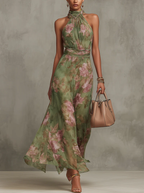 Serena ∙ Long Green Floral Chiffon Dress