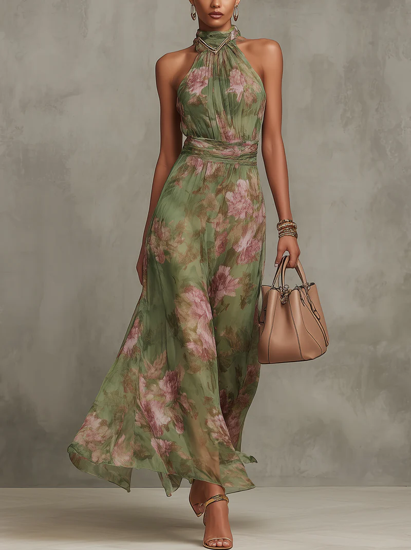 Serena ∙ Long Green Floral Chiffon Dress
