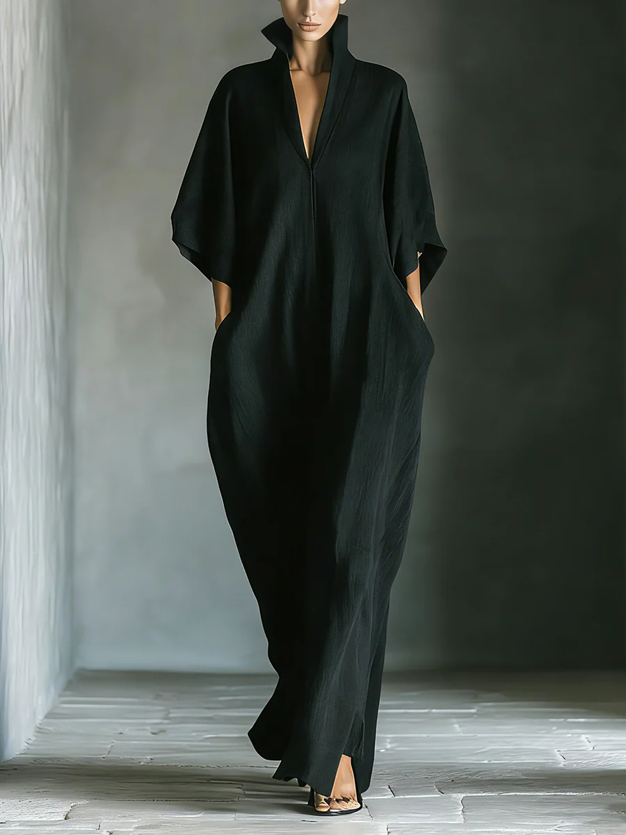 Alessandra • Minimalist Black Oversized Long Dress with Kimono Sleeves