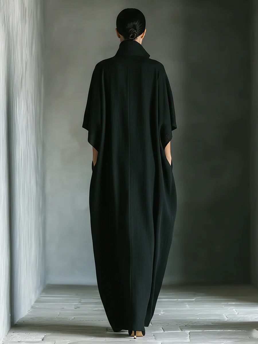 Alessandra • Minimalist Black Oversized Long Dress with Kimono Sleeves