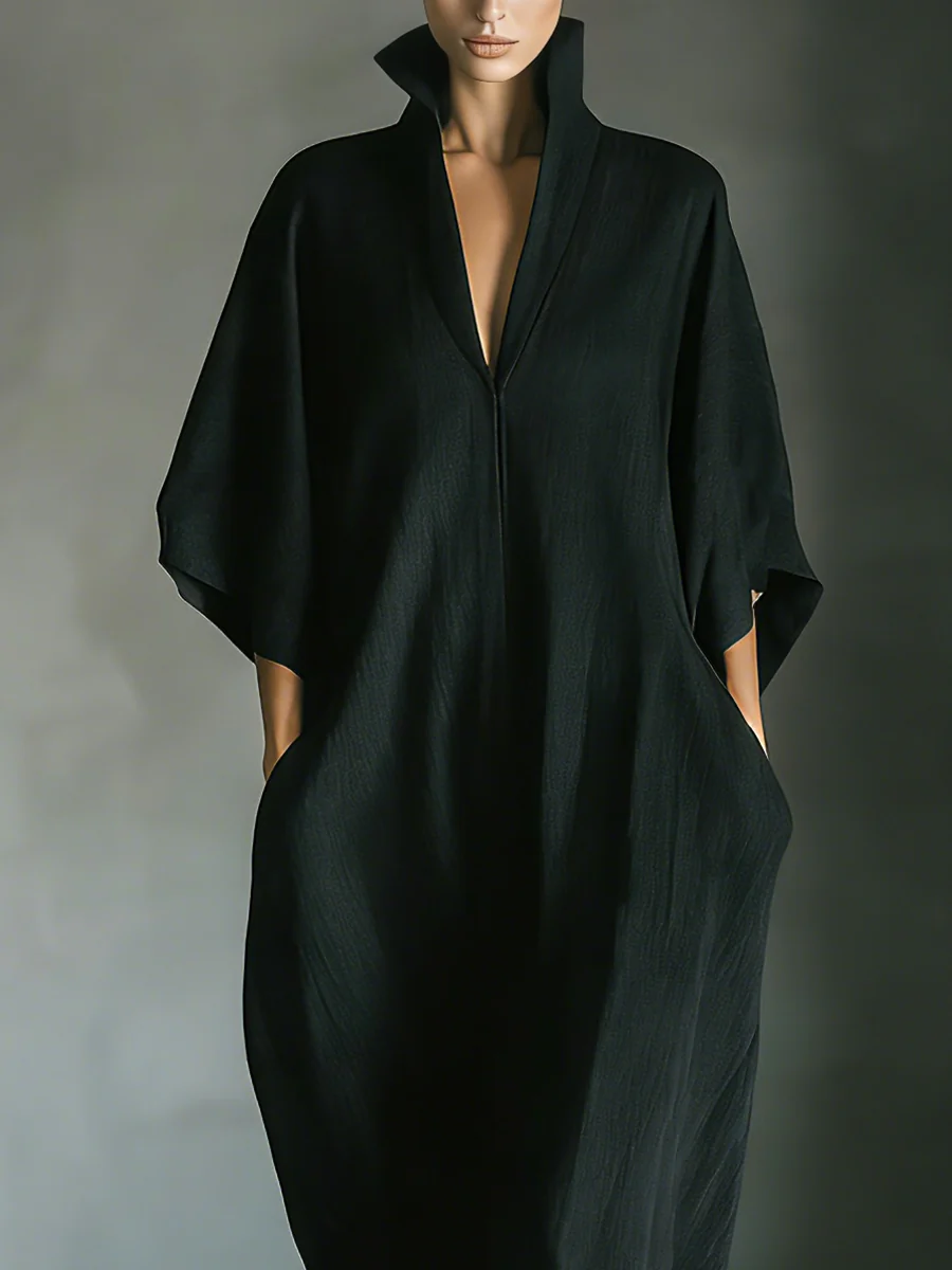 Alessandra • Minimalist Black Oversized Long Dress with Kimono Sleeves