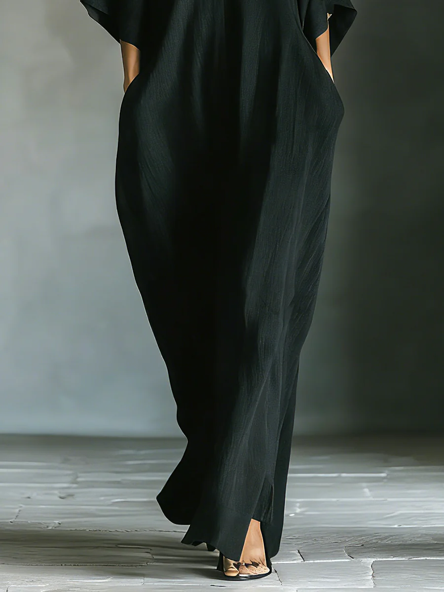 Alessandra • Minimalist Black Oversized Long Dress with Kimono Sleeves