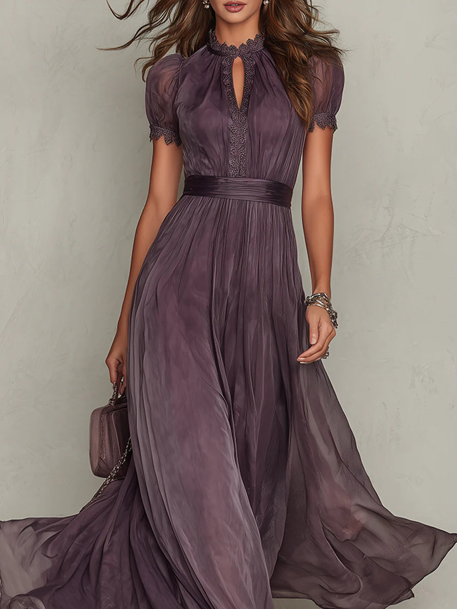 Flavia • Long Purple Dress with V-Neck, Trimmed with Chiffon Lace