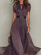 Flavia • Long Purple Dress with V-Neck, Trimmed with Chiffon Lace