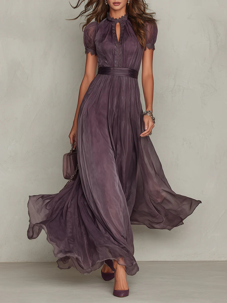 Flavia • Long Purple Dress with V-Neck, Trimmed with Chiffon Lace