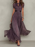 Flavia • Long Purple Dress with V-Neck, Trimmed with Chiffon Lace