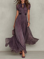 Flavia • Long Purple Dress with V-Neck, Trimmed with Chiffon Lace