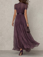 Flavia • Long Purple Dress with V-Neck, Trimmed with Chiffon Lace