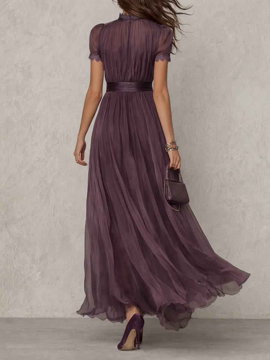 Flavia • Long Purple Dress with V-Neck, Trimmed with Chiffon Lace