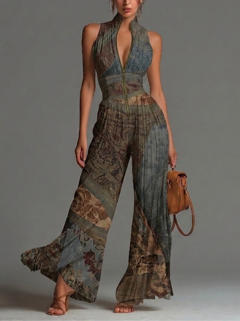 Alba | Ethnic-Print Jumpsuit with V-Neckline and Wide-Leg Fit