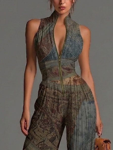 Alba | Ethnic-Print Jumpsuit with V-Neckline and Wide-Leg Fit