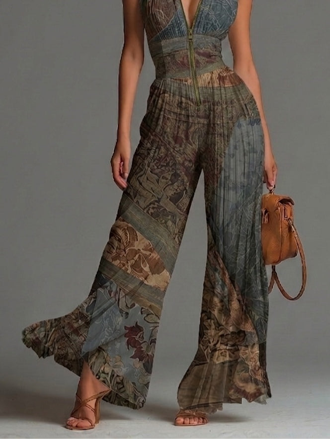 Alba | Ethnic-Print Jumpsuit with V-Neckline and Wide-Leg Fit