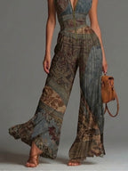 Alba | Ethnic-Print Jumpsuit with V-Neckline and Wide-Leg Fit