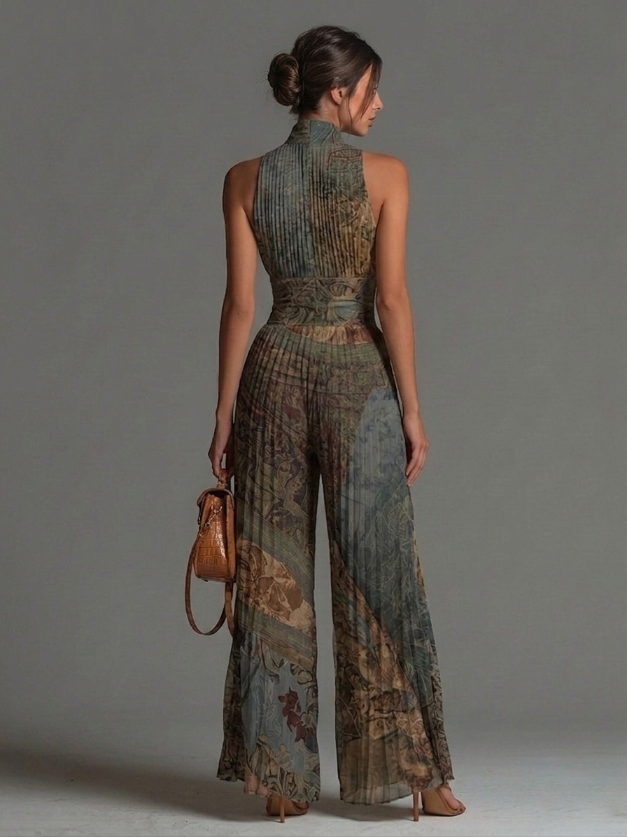 Alba | Ethnic-Print Jumpsuit with V-Neckline and Wide-Leg Fit