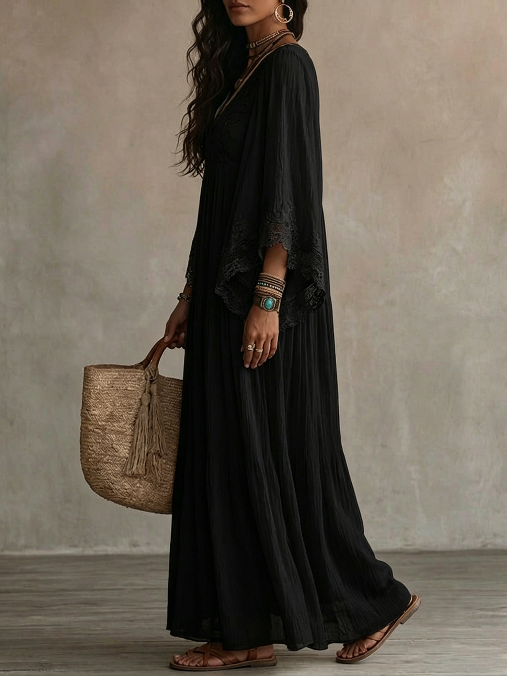 Adelaida | Long Dress with V-Neckline and Batwing Sleeves