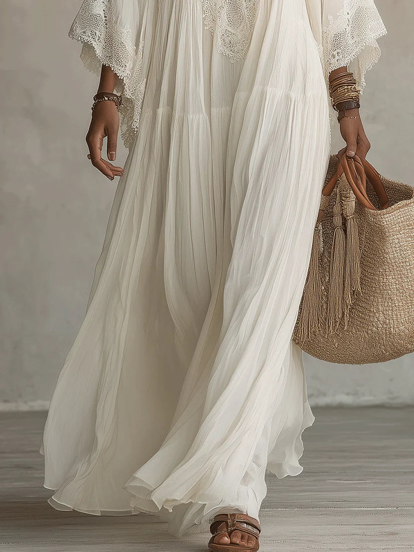 Adelaida | Long Dress with V-Neckline and Batwing Sleeves