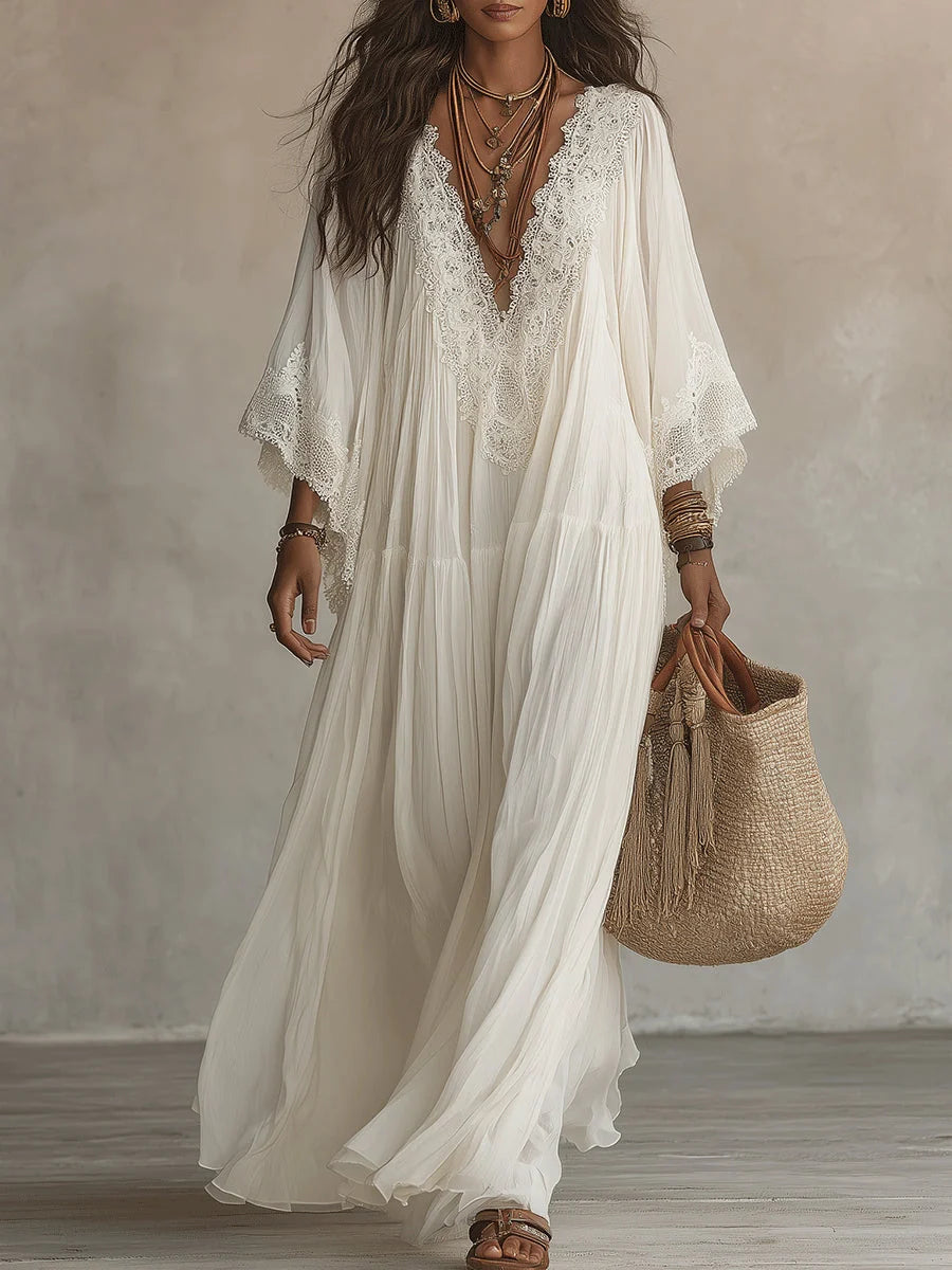 Adelaida | Long Dress with V-Neckline and Batwing Sleeves