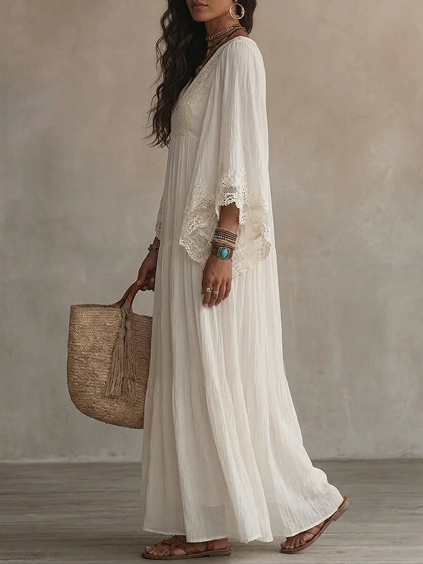 Adelaida | Long Dress with V-Neckline and Batwing Sleeves