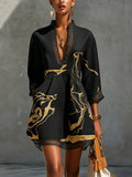Donatella | Black Mini Dress with Gold Marble Print and Crochet Lace