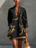 Donatella | Black Mini Dress with Gold Marble Print and Crochet Lace