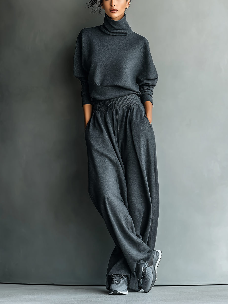 Women's Turtleneck and Wide-Leg Trousers in Dark Brown Knit