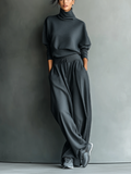 Women's Turtleneck and Wide-Leg Trousers in Dark Brown Knit