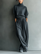 Women's Turtleneck and Wide-Leg Trousers in Dark Brown Knit